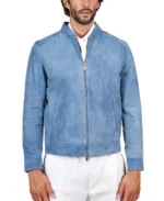Men's Light Blue Denim Suede Leather Jacket Front - Trendy Leather Jackets