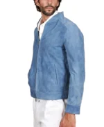 Men's Light Blue Denim Suede Leather Jacket Side - Trendy Leather Jackets