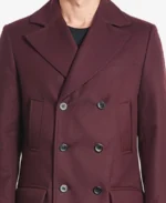 Men's Luke Burgundy Double Breasted Wool Coat Closeup - Trendy Leather Jackets