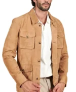 Men's Saharan Light Brown Suede Jacket Closeup - Trendy Leather Jackets