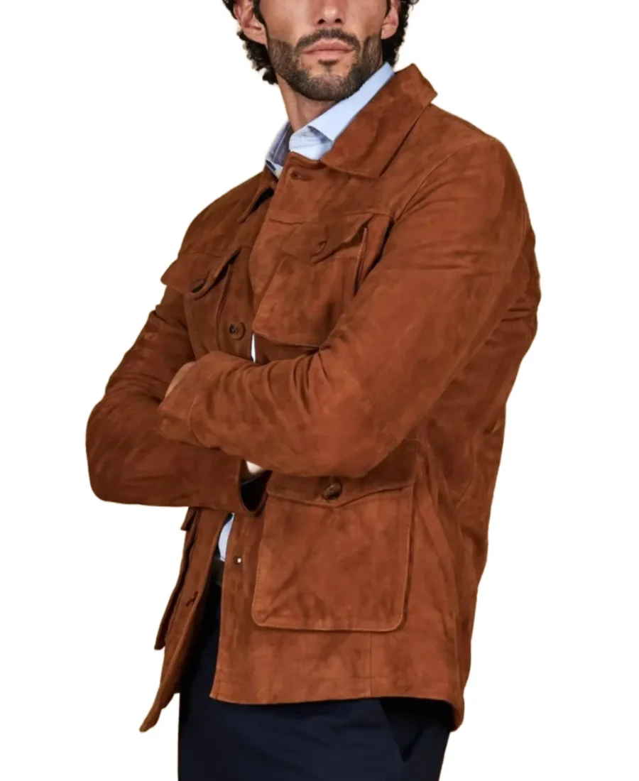 Men'S Saharan Brown Suede Leather Jacket Side View - Trendy Leather Jackets