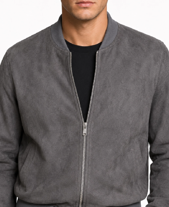 Men’s Signature Grey Faux Suede Jacket Closeup - Trendy Leather Jackets
