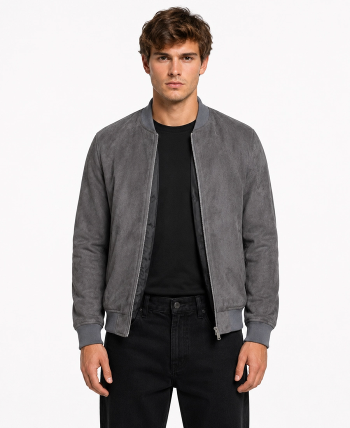 Men’s Signature Grey Faux Suede Jacket Closure - Trendy Leather Jackets