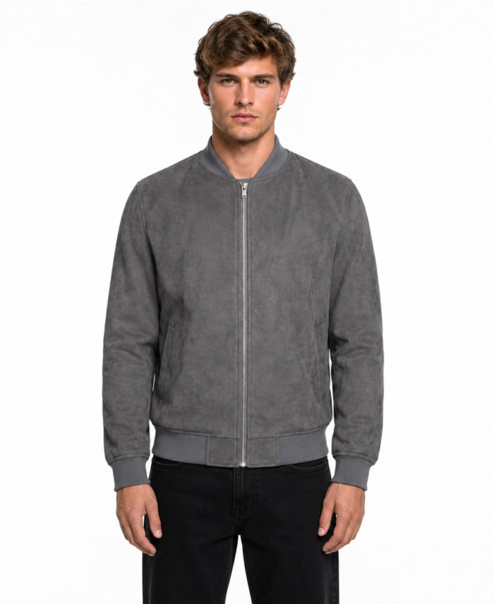 Men’s Signature Grey Faux Suede Jacket Front - Trendy Leather Jackets
