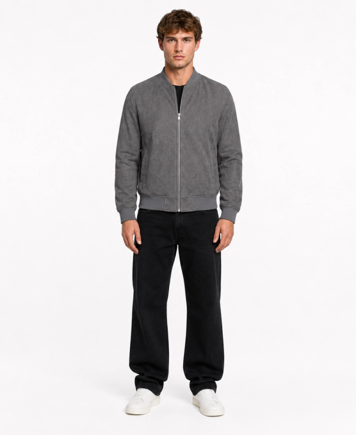 Men’s Signature Grey Faux Suede Jacket Front View - Trendy Leather Jackets