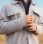 Men’s Signature Light Grey Wool Blend Felt Jacket Closeup - Trendy Leather Jackets