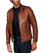 Men's Brown Biker Vegan Leather Jacket Front - Trendy Leather Jackets