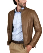 Men's Taupe Brown Leather Jacket Front - Trendy Leather Jackets