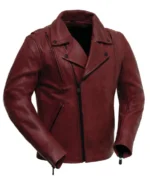 Men's Thrill Biker Maroon Leather Jacket Front - Trendy Leather Jackets
