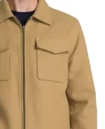 Men's Trucker Camel Brown Wool Bomber Jacket Closeup - Trendy Leather Jackets