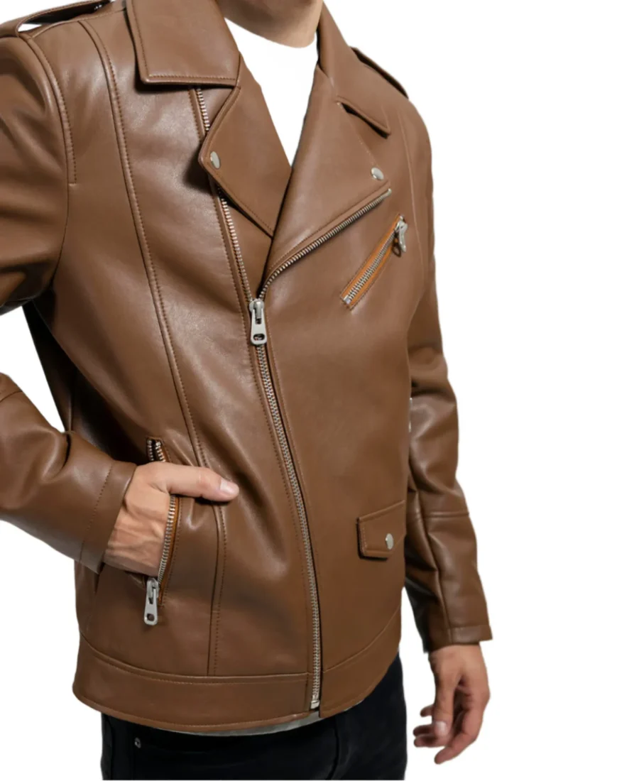 Men'S Brown Faux Leather Jacket 8 Men'S Brown Faux Leather Jacket Side Closeup - Trendy Leather Jackets