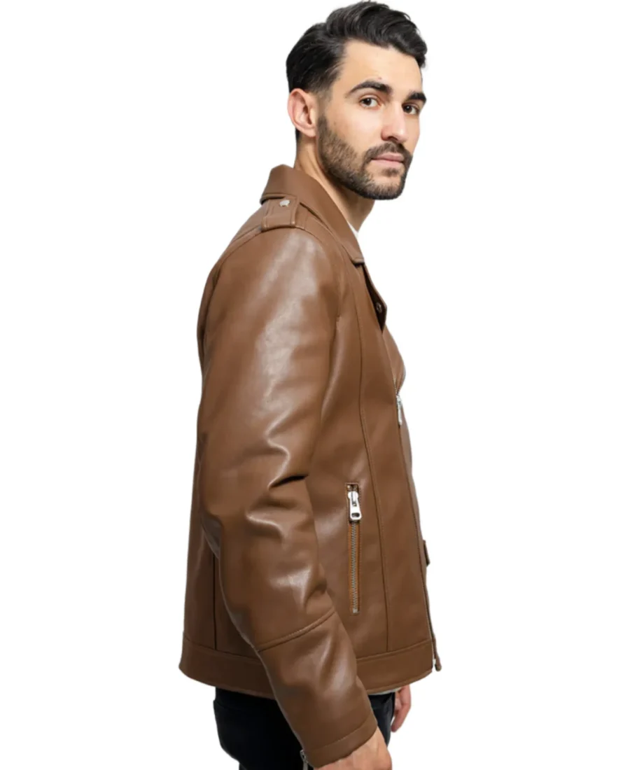 Men'S Brown Faux Leather Jacket 7 Men'S Brown Faux Leather Jacket Side - Trendy Leather Jackets