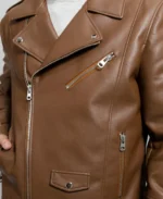 Men's Brown Faux Leather Jacket Closeup - Trendy Leather Jackets