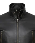 Men's White Stripe Moto Leather Jacket Collar - Trendy Leather Jackets