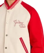 Men's Golden Club Worn Varsity Jacket Closeup - Trendy Leather Jackets