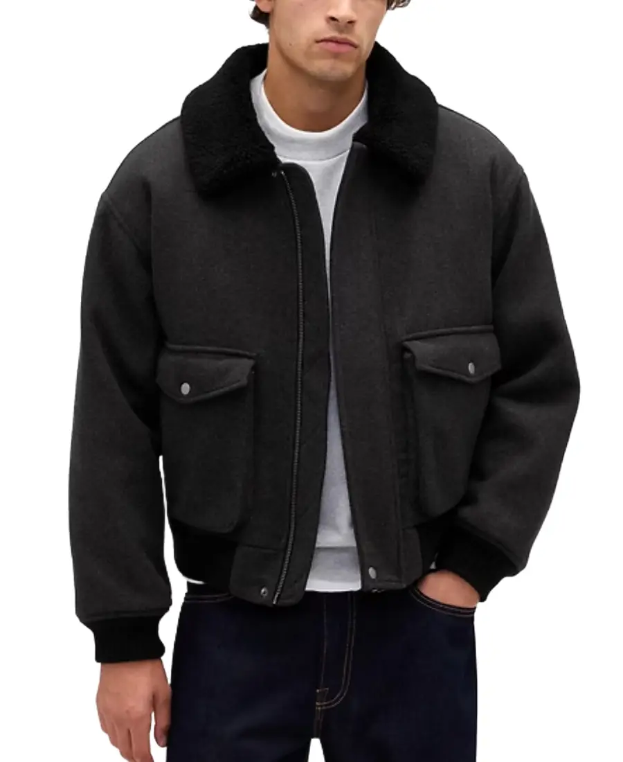 Relaxed Wool Blend Bomber Jacket Relaxed Wool Blend Bomber Jacket - Trendy Leather Jackets