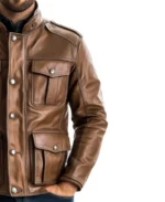 Rowan Brown Bomber Leather Jacket Closeup - Trendy Leather Jackets