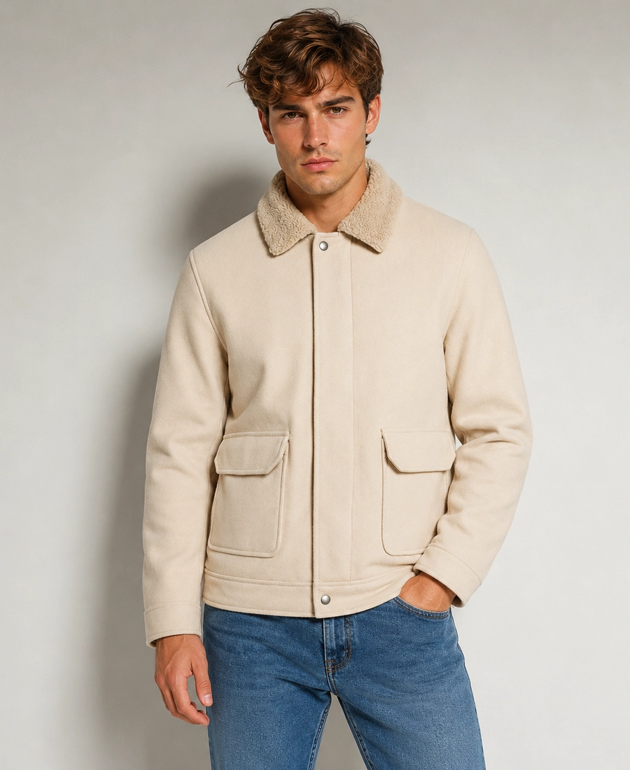 Shop Men Signature Cream Wool Blend Felt Jacket - Trendy Leather Jackets