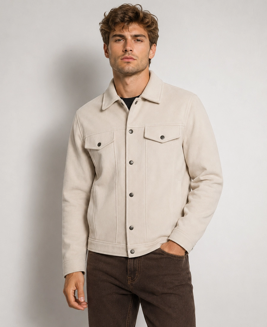 Shop Men Signature Off White Faux Suede Jacket - Trendy Leather Jackets