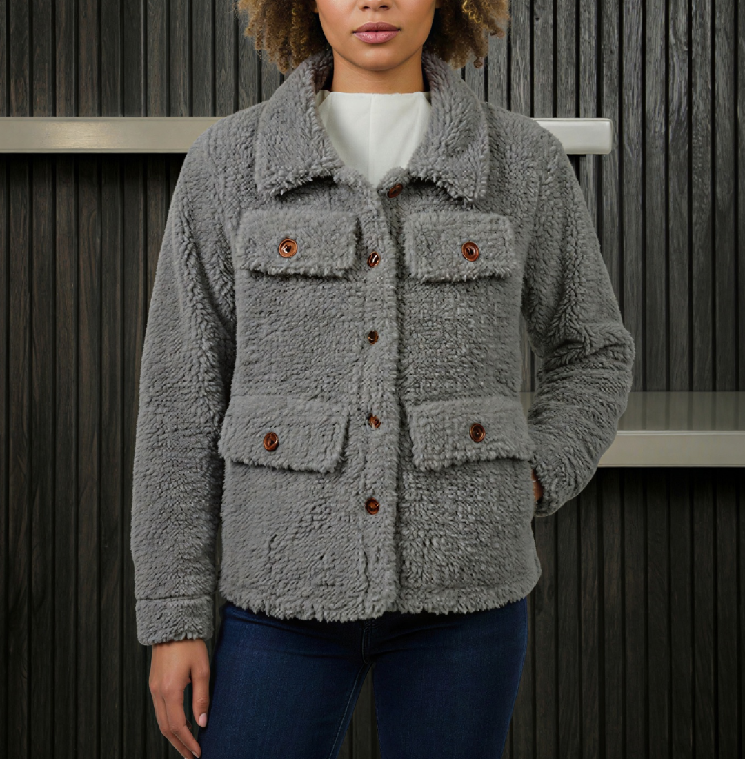 Shop The Women’s Signature Light Grey Faux Sherpa Jacket - Trendy Leather Jackets