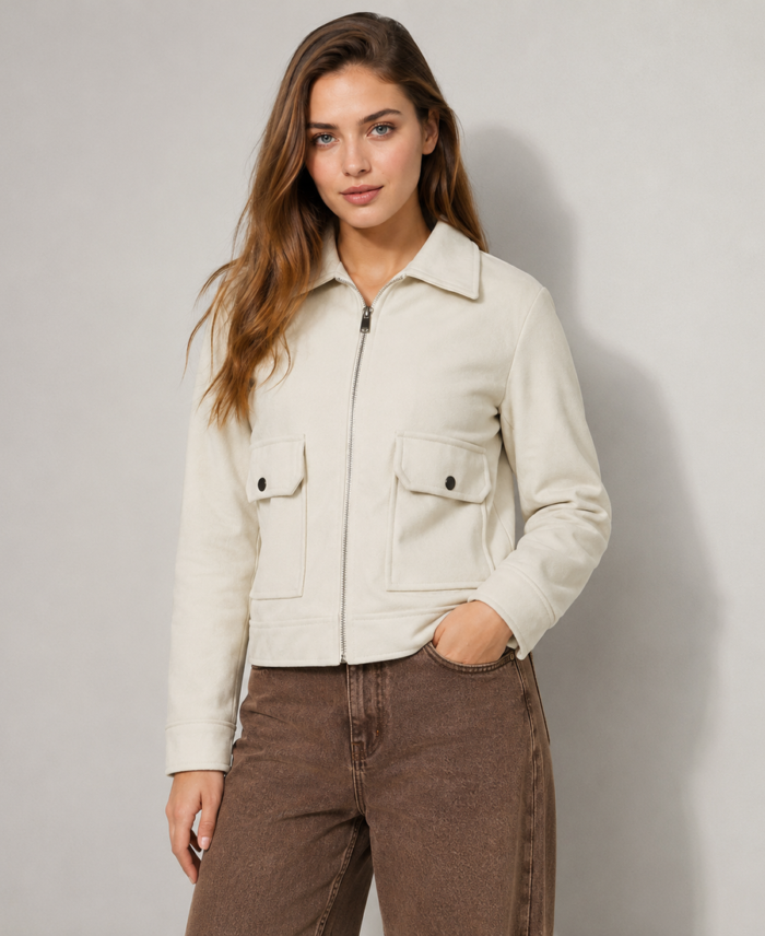 Shop Women Signature Cream Faux Suede Jacket - Trendy Leather Jackets