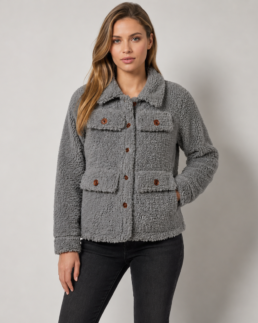 Shop Women Signature Light Grey Faux Sherpa Jacket - Trendy Leather Jackets