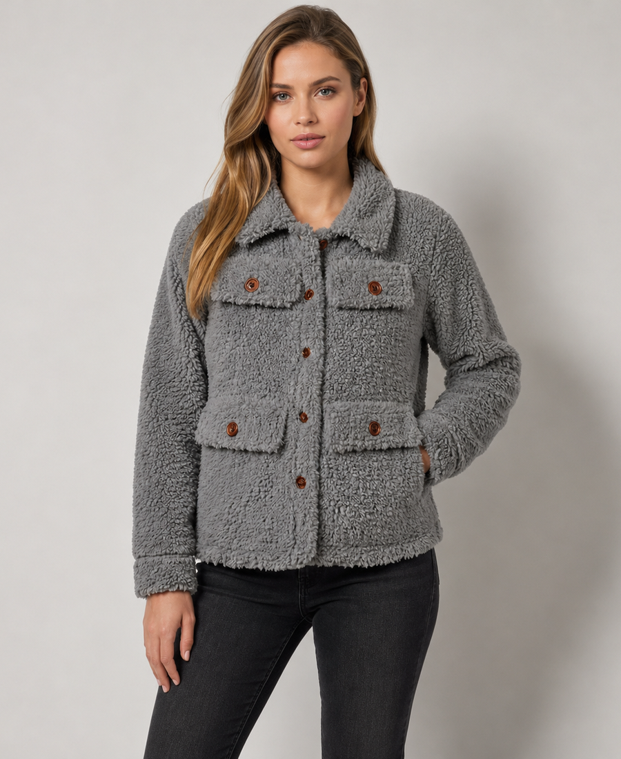 Shop Women Signature Light Grey Faux Sherpa Jacket - Trendy Leather Jackets