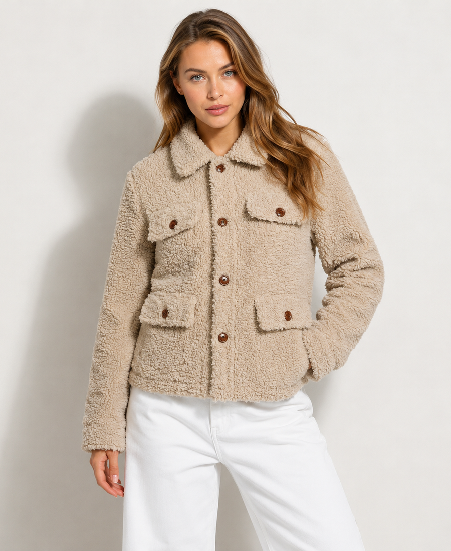 Shop Women Signature Off White Faux Sherpa Jacket - Trendy Leather Jackets