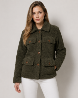 Shop Women Signature Olive Green Faux Sherpa Jacket - Trendy Leather Jackets