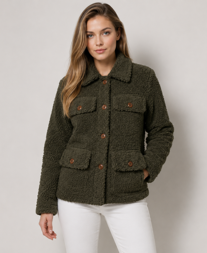 Shop Women Signature Olive Green Faux Sherpa Jacket - Trendy Leather Jackets