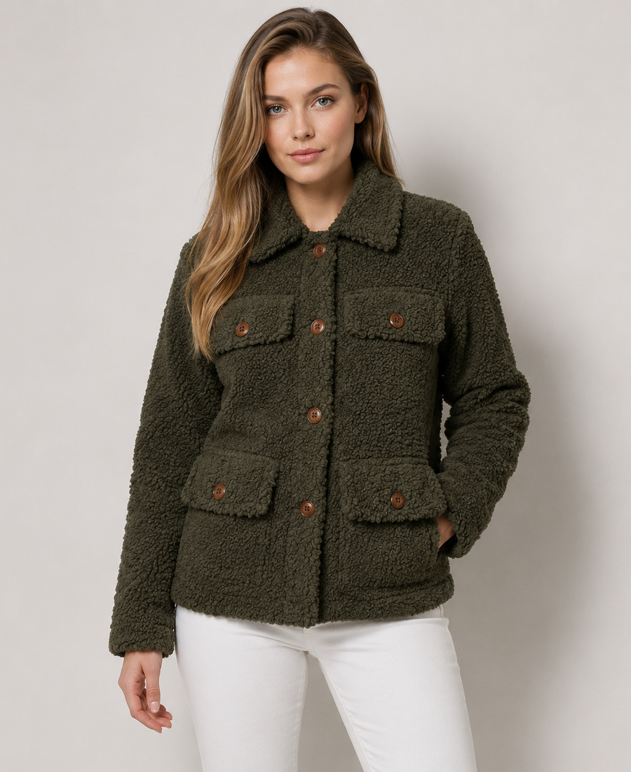Shop Women Signature Olive Green Faux Sherpa Jacket - Trendy Leather Jackets