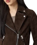Women Dark Brown Suede Jacket Closeup - Trendy Leather Jackets