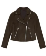 Women Dark Brown Suede Jacket Front - Trendy Leather Jackets