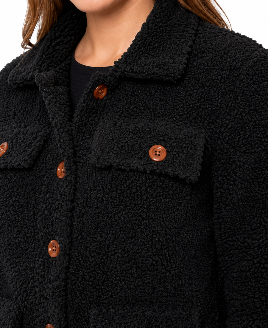 Women'S Signature Black Faux Sherpa Jacket 6 Women Signature Black Faux Sherpa Jacket Closeup - Trendy Leather Jackets
