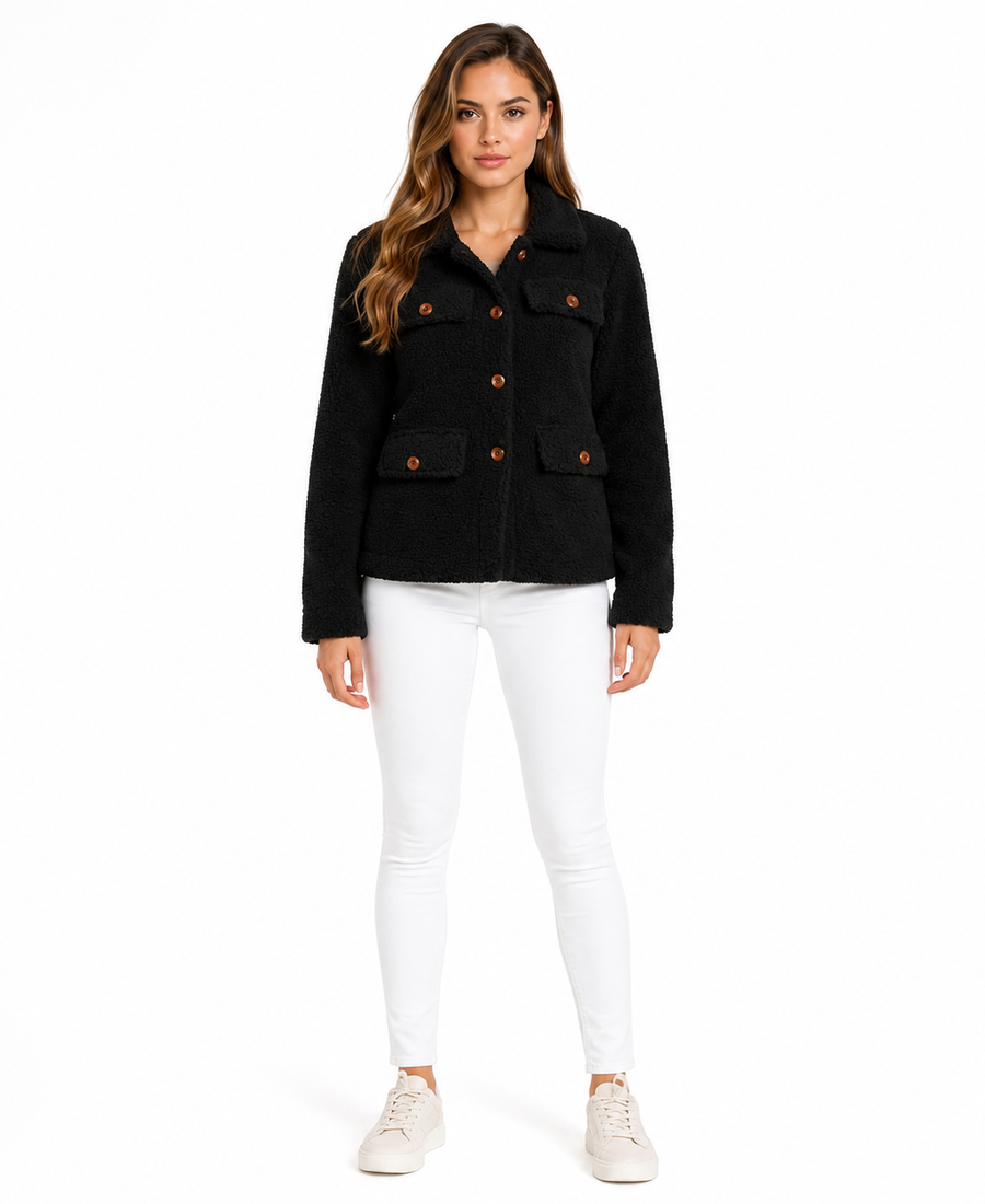 Women'S Signature Black Faux Sherpa Jacket 7 Women Signature Black Faux Sherpa Jacket Front View - Trendy Leather Jackets
