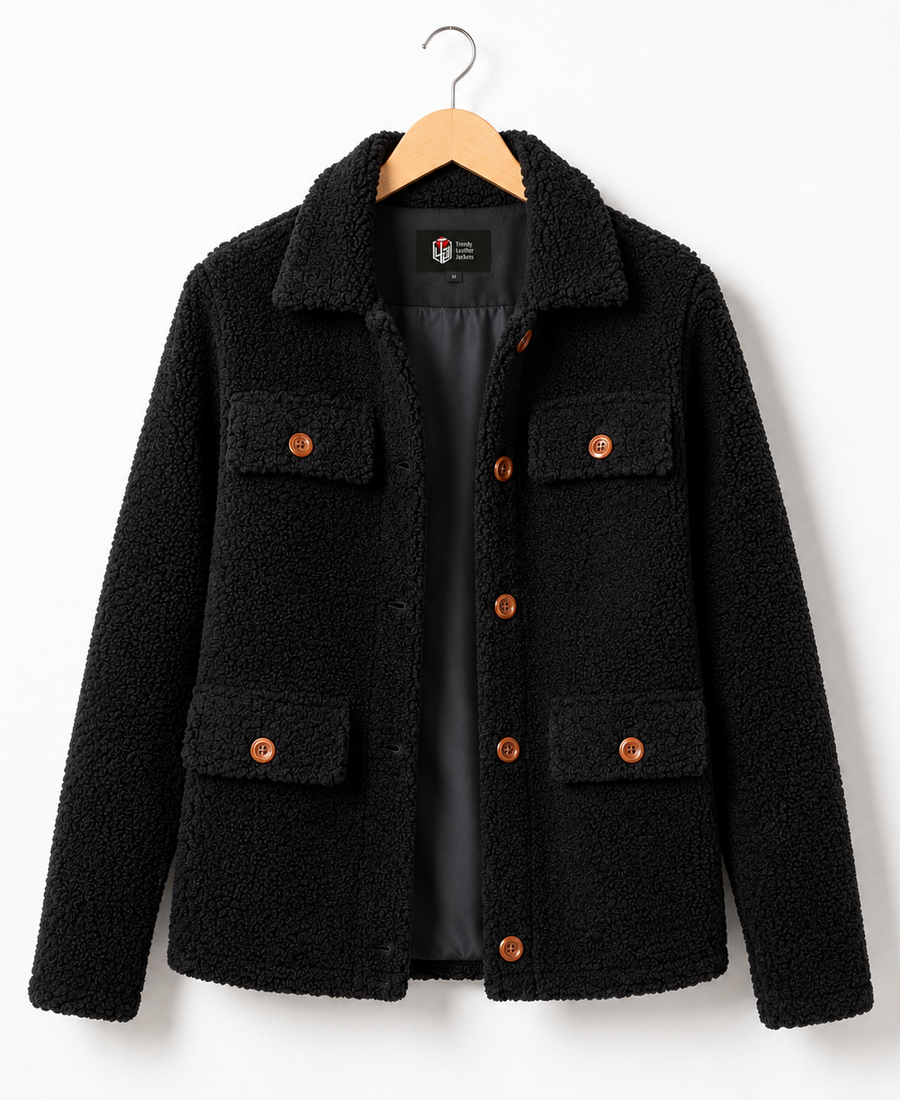 Women Signature Black Faux Sherpa Jacket - Trendy Leather Jackets