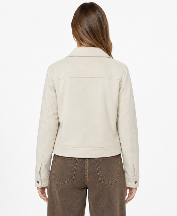 Women Signature Cream Faux Suede Jacket Back - Trendy Leather Jackets