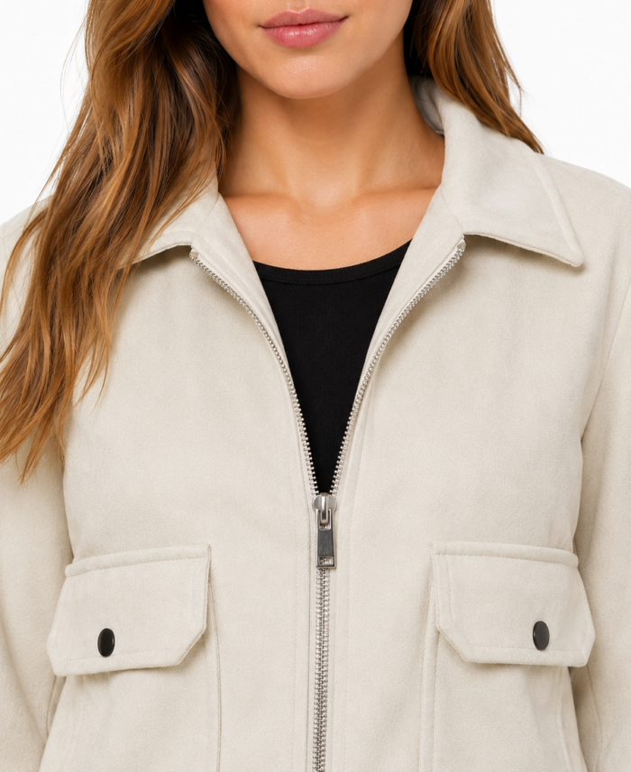 Women Signature Cream Faux Suede Jacket Closeup - Trendy Leather Jackets