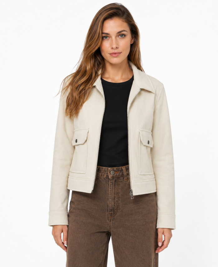 Women Signature Cream Faux Suede Jacket Closure - Trendy Leather Jackets