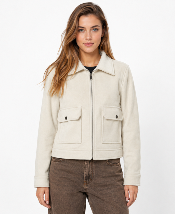 Women Signature Cream Faux Suede Jacket Front - Trendy Leather Jackets