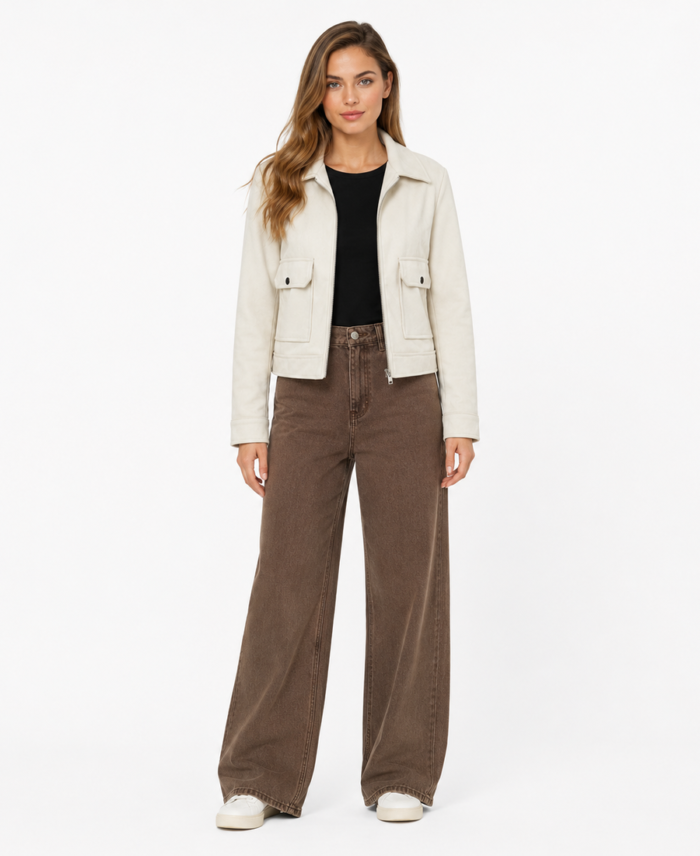 Women Signature Cream Faux Suede Jacket Front View - Trendy Leather Jackets