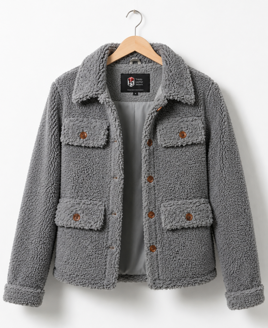 Women Signature Light Grey Faux Sherpa Jacket - Trendy Leather Jackets
