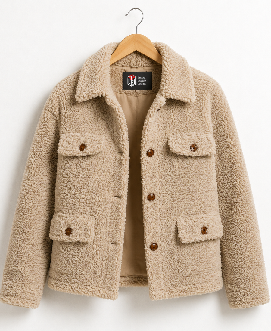 Women Signature Off White Faux Sherpa Jacket - Trendy Leather Jackets