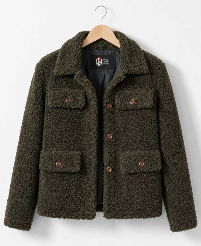 Women Signature Olive Green Faux Sherpa Jacket - Trendy Leather Jackets