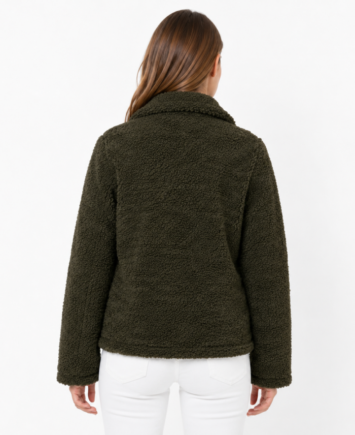 Women Signature Olive Green Faux Sherpa Jacket Back - Trendy Leather Jackets