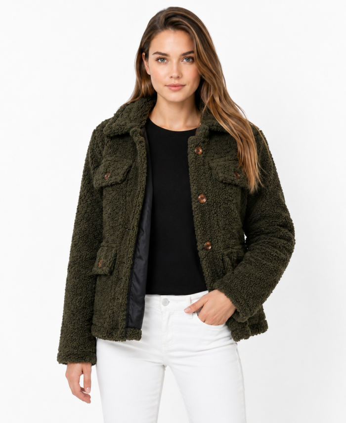 Women Signature Olive Green Faux Sherpa Jacket CLosure - Trendy Leather Jackets