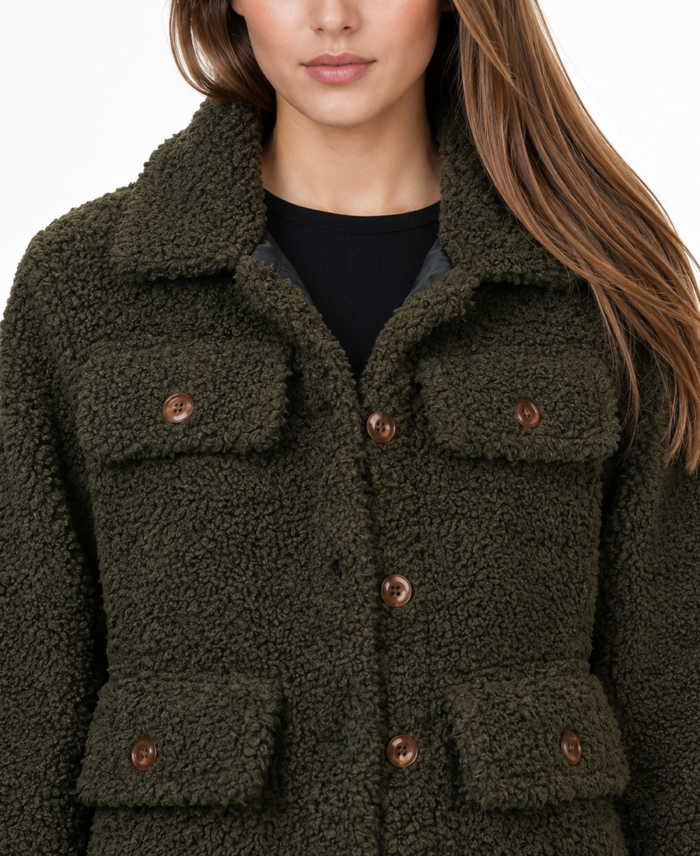 Women Signature Olive Green Faux Sherpa Jacket Closeup - Trendy Leather Jackets