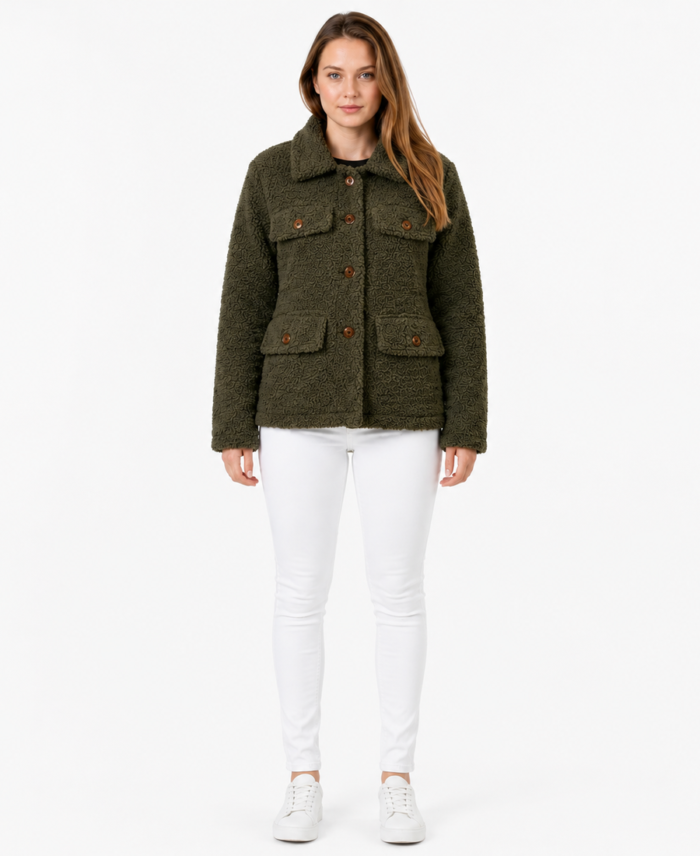 Women Signature Olive Green Faux Sherpa Jacket Front View - Trendy Leather Jackets