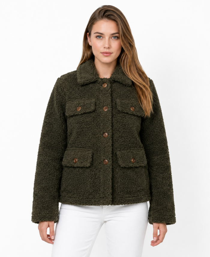Women Signature Olive Green Faux Sherpa Jacket Front - Trendy Leather Jackets