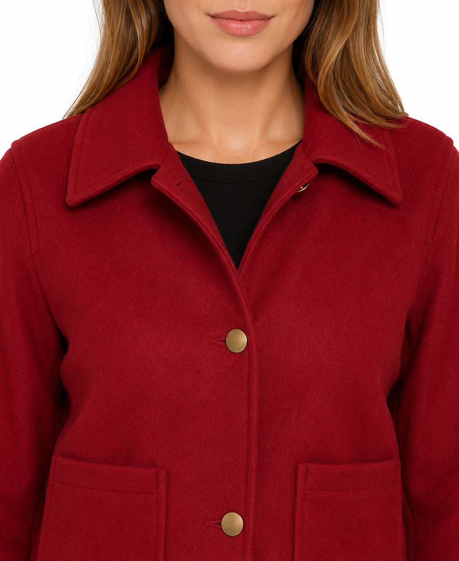 Women'S Signature Red Wool Blend Felt Jacket 6 Women Signature Red Wool Blend Felt Jacket Closeup - Trendy Leather Jackets